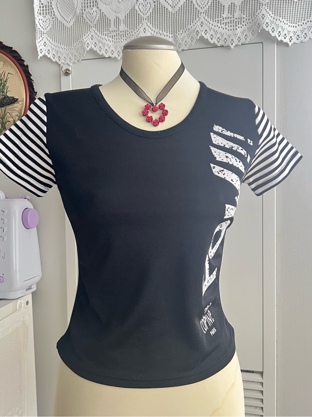 Y2K Cop.Copine Black Short Sleeve Tee with White Striped Sleeves